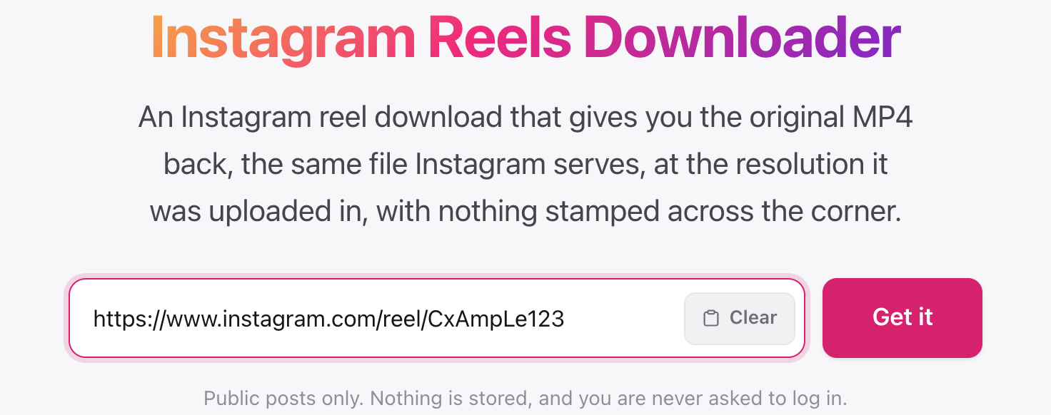 Instagram Reels downloader with a reel link pasted into the box