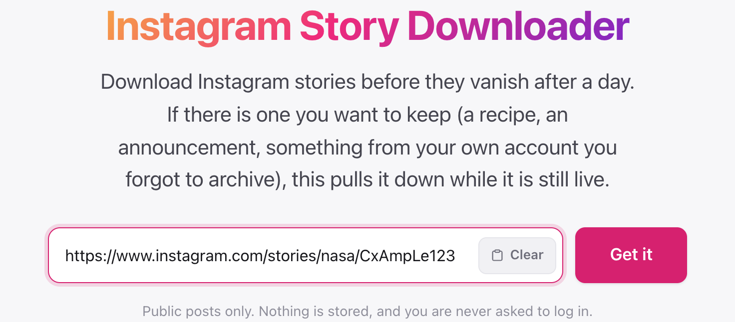 Instagram story downloader accepting a username or story link
