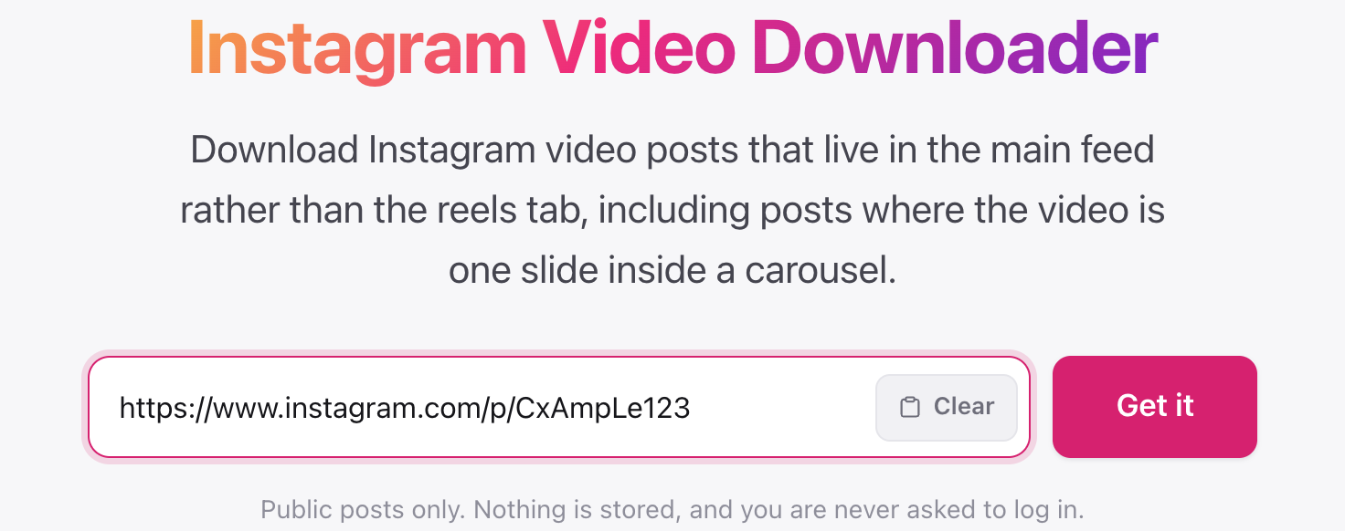 Instagram video downloader with a post link ready to download