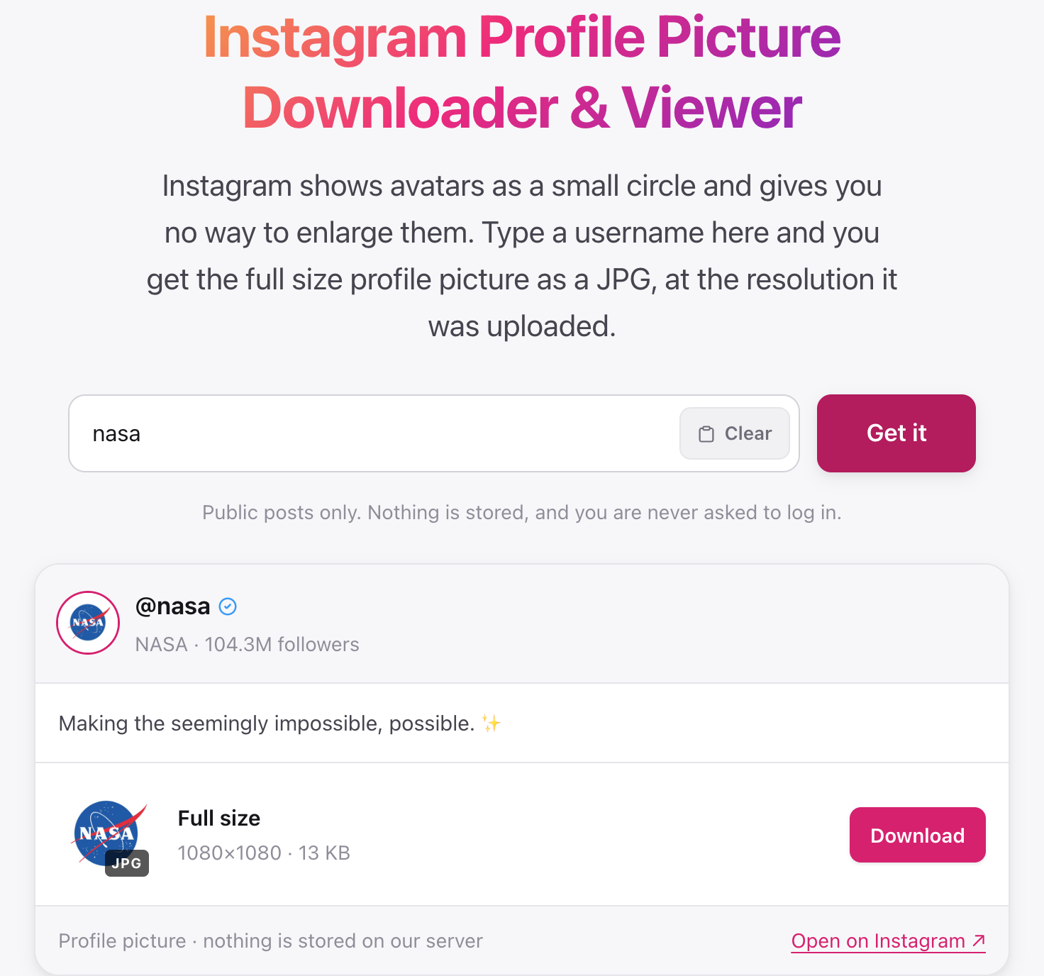 Full-size Instagram profile picture result for a public account, with a download button