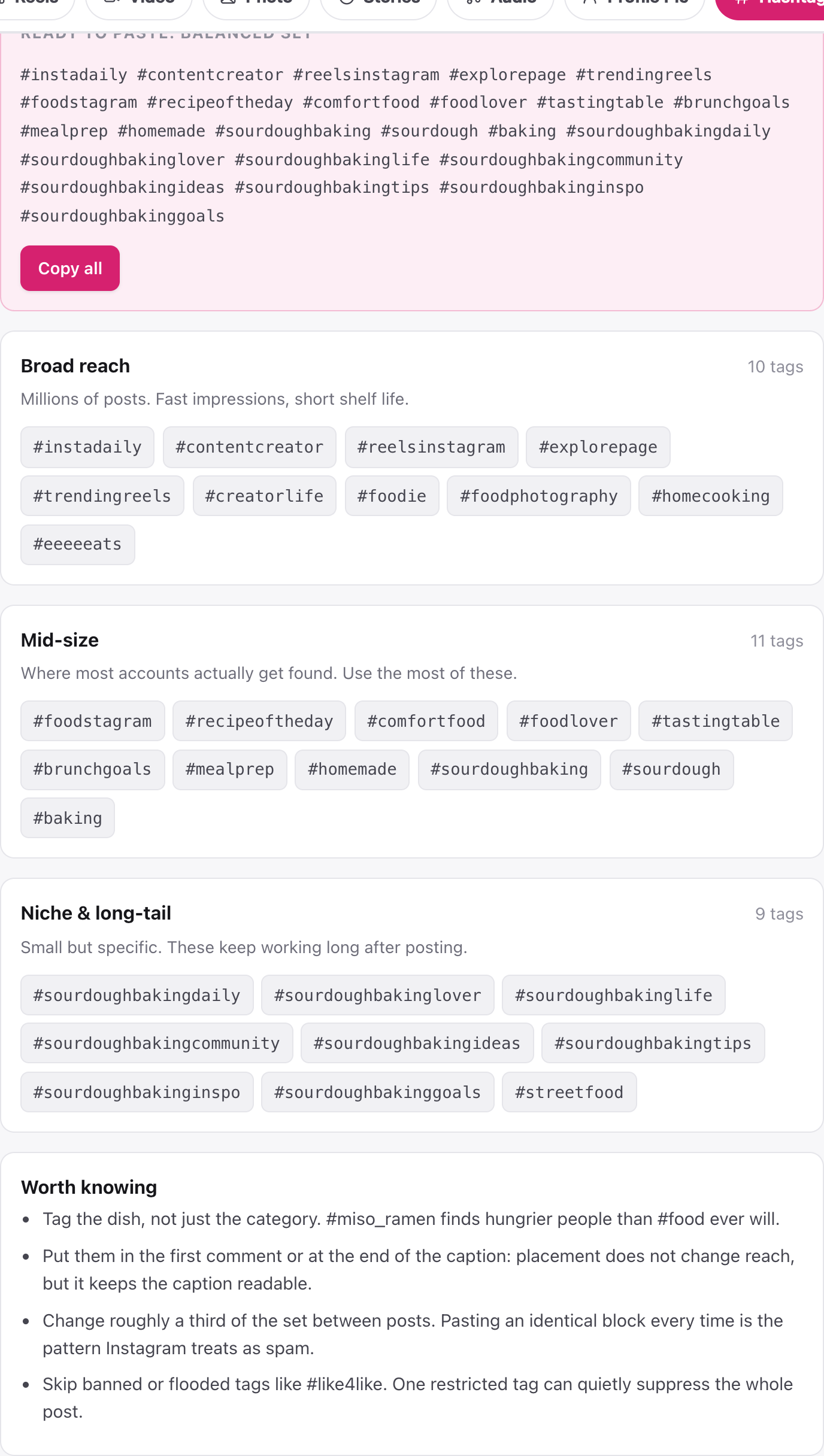 Generated Instagram hashtag set sorted into broad, mid-size and niche tiers